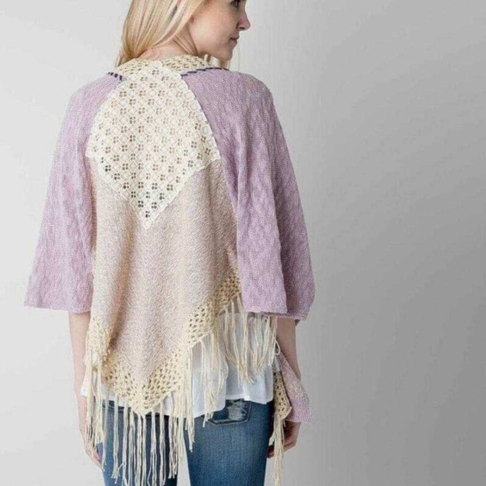 Pink Blue Tan Crochet Shawl w Tassels